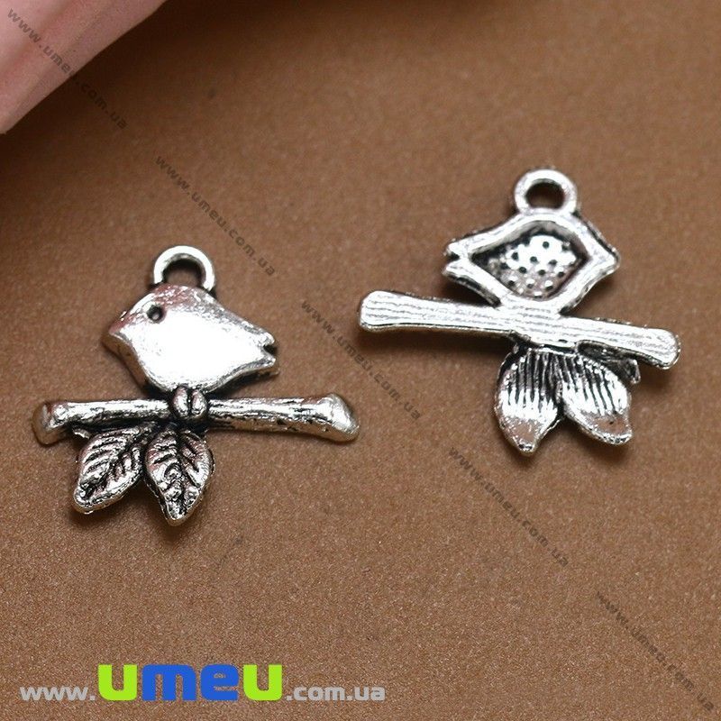 Подвеска метал. Птичка на ветке, 17х16 мм, Античное серебро (POD-028286)