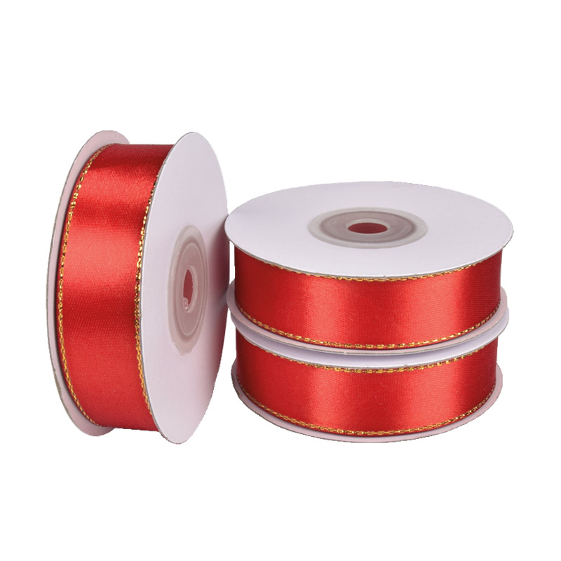 Атласна стрічка з люрексом, 20 мм, Червона з золотом (LEN-061076)
