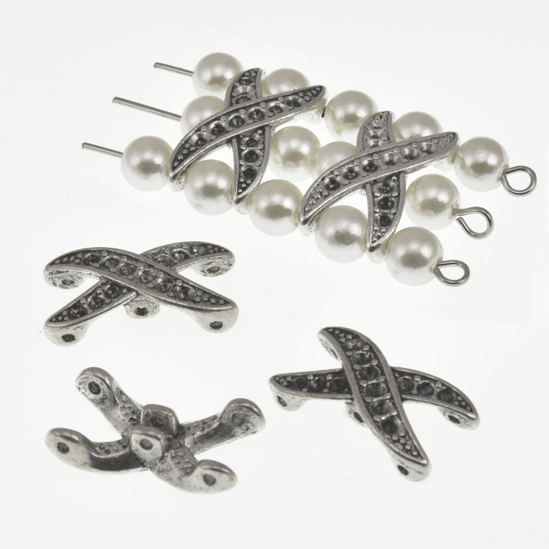 Намистини мет. на 3 ряди, Античне срібло, 20х10 мм (KON-013435)