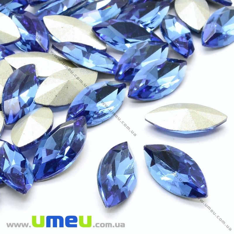 Ріволі скляний, Човник гранований, 15х7 мм, Синій (KAB-025832)