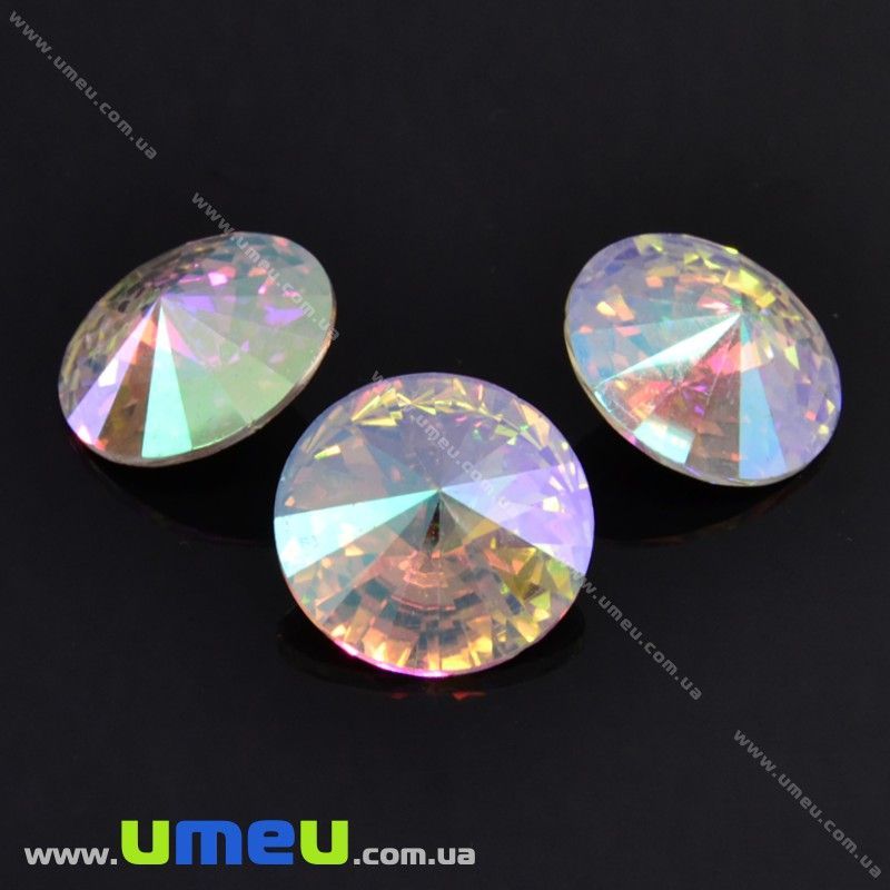 Ріволі скляний, Круглий гранований, 10 мм, Білий АВ (KAB-020008)