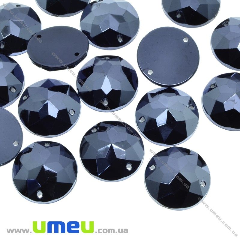 Пришивний кристал пласт. Круглий гранований, 15 мм, Чорний (мокрий асфальт) (KAB-030580)