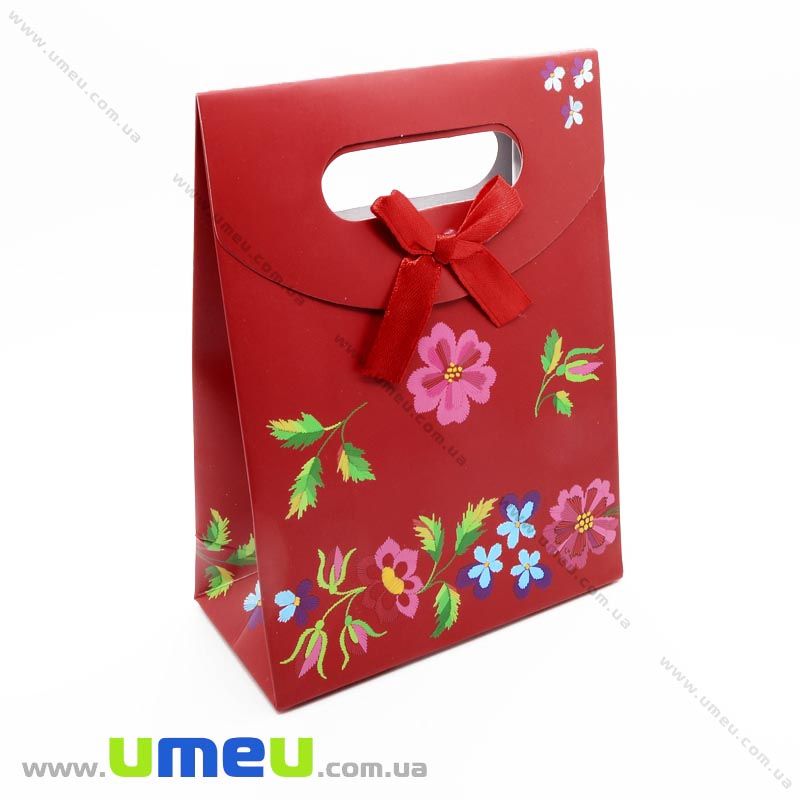 Подарочный пакет на липучке, Цветы, Красный, 16х12х6 см, 1 шт (UPK-014772)