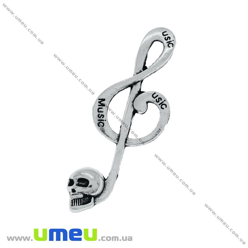 Підвіска метал. Скрипковий ключ із черепом, 41х15 мм, Античне срібло (POD-021091)