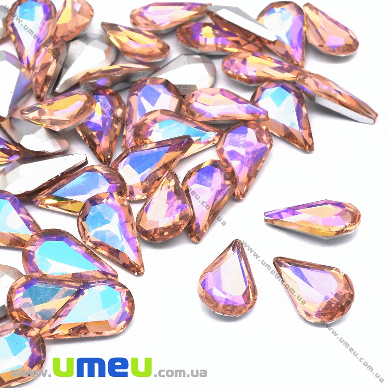 Ріволі скляний, Крапля гранована, Райдужний, 13х8 мм, Рожевий АВ (KAB-034009)