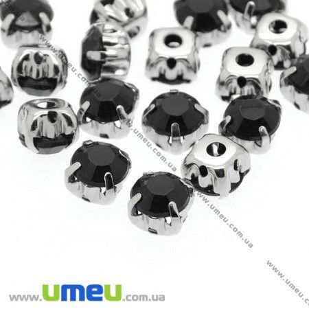 Пришивні пластикові стрази в цапах, 6 мм, Чорні (STR-007838)