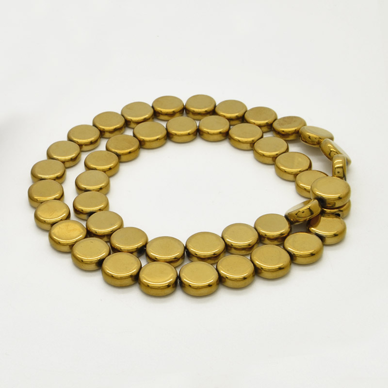 Намистини Гематит, Нат. камінь, Круглі плоскі, 10х4 мм, З покриттям, Золотисті (BUS-054026)