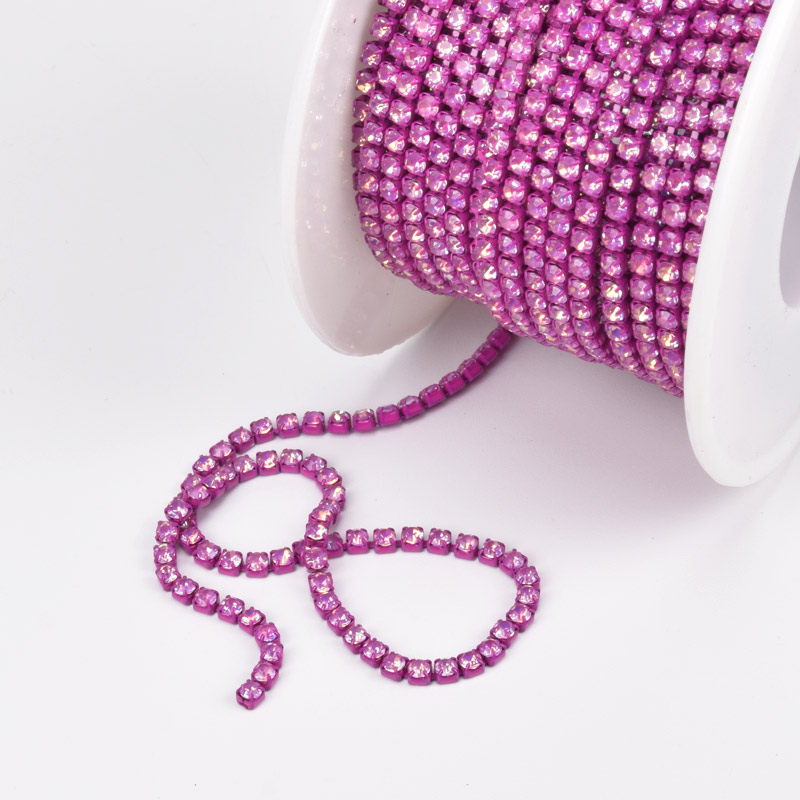 Стразовая цепь SS6 - 2,0 мм, Малиновая, Стразы стеклянные розовые хамелеон (ZEP-061024)