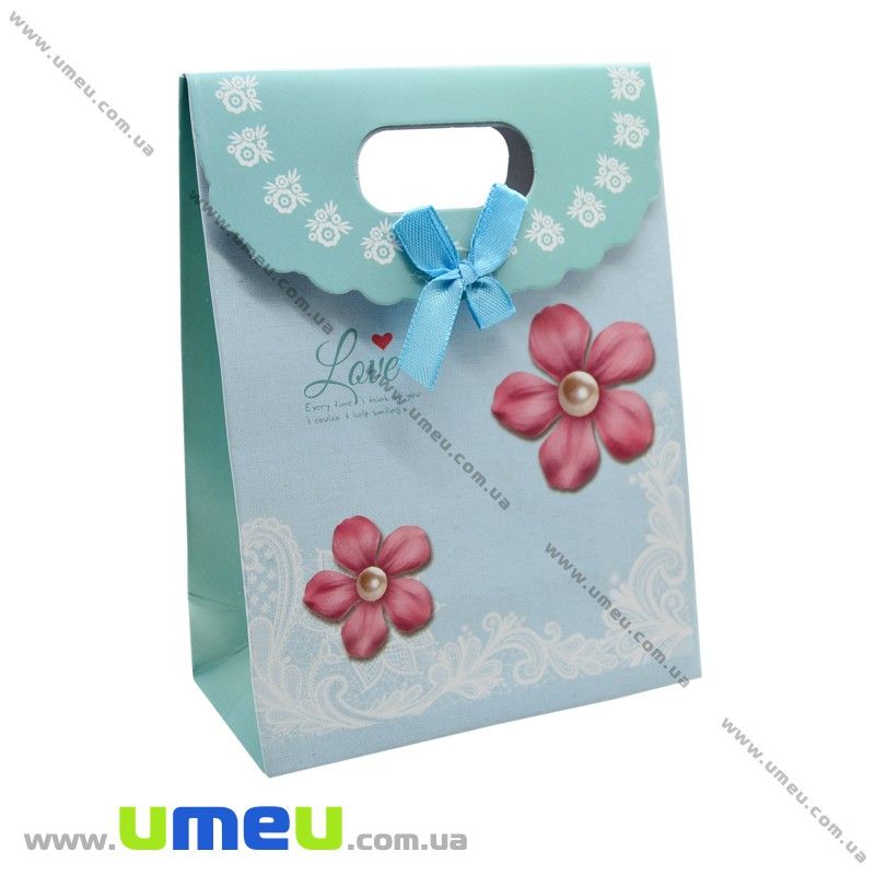 Подарунковий пакет на липучці, Квіти, Бірюзовий, 16х12х6 см (UPK-020401)