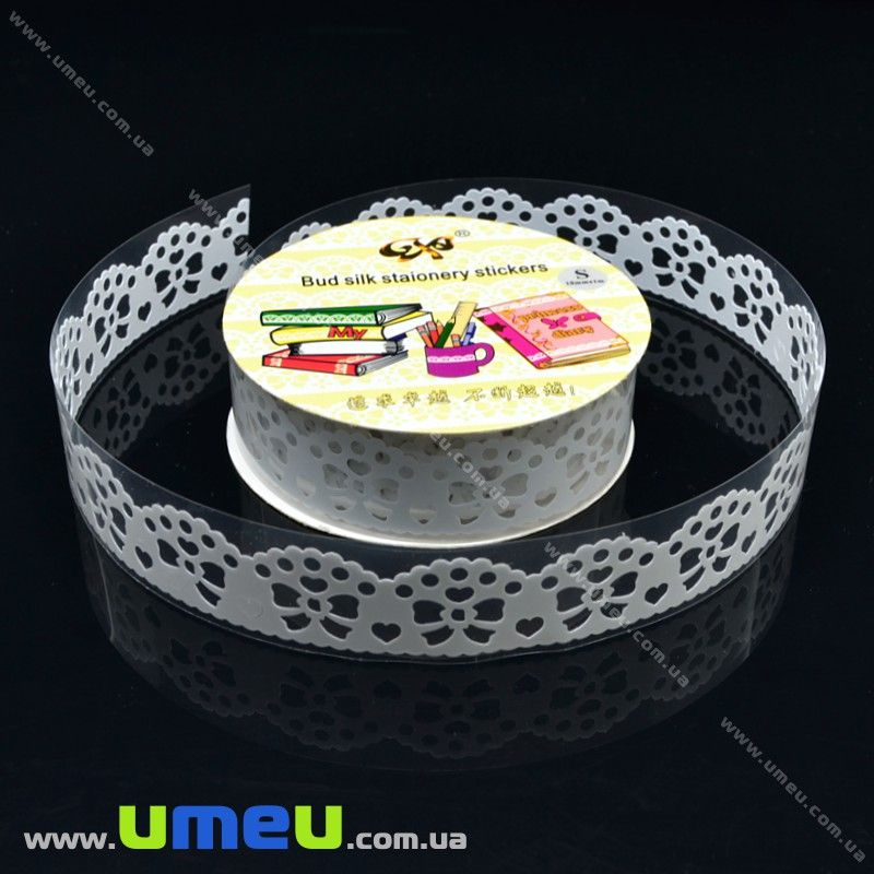 Декоративний скотч мереживний, Білий, Бантики, 15 мм (DIF-017902)