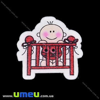 Декоративный пришивной элемент Малыш в кроватке, 32х30 мм, Красный, 1 шт (DIF-033415)