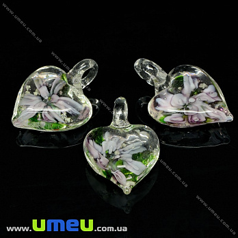 Подвеска стеклянная Lampwork Сердце с цветком, 30х21 мм, Сиреневая, 1 шт (POD-034138)