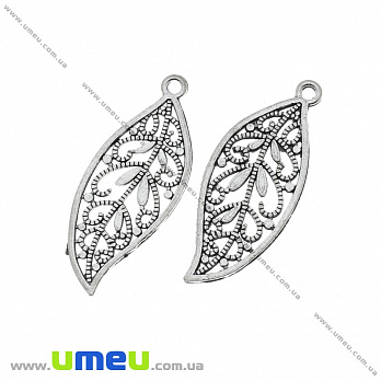 [Архів] Підвіска металева Листочок ажурний, Античне срібло, 43х17 мм (POD-036227)