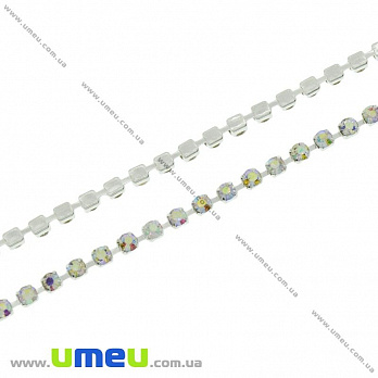 Стразовая цепь SS6 (2,0 мм), Светлое серебро, Стразы стеклянные белые АВ, 1 м (ZEP-020477)