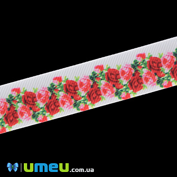 Репсовая лента с рисунком Розы, 25 мм, Белая, 1 м (LEN-039243)