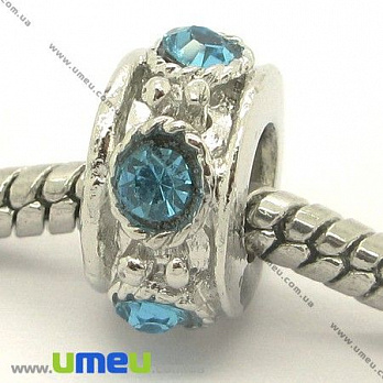 [Архів] Намистина PANDORA мет. зі стразами, 12х7 мм, Блакитна, Темне срібло (BUS-006842)