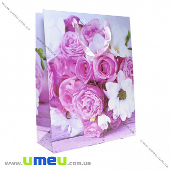 Подарочный пакет Цветы, 24х18х9 см, Розовый, 1 шт (UPK-023611)