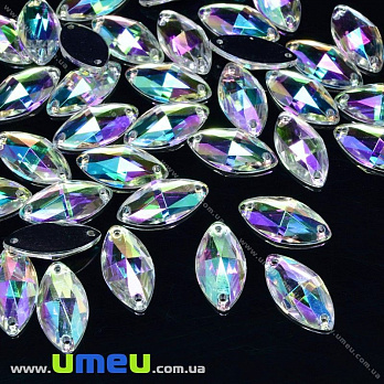 Пришивний кристал пласт. Човник гранований, 12х6 мм, Білий АВ (KAB-030615)