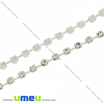 Стразовая цепь SS12 (2,8 мм), Светлое серебро, Стразы стеклянные белые, 1 м (ZEP-007769)