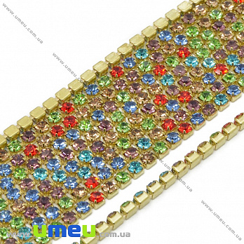 Стразовая цепь SS6 - 2,0 мм, Золото, Стразы стеклянные разноцветные, 1 м (ZEP-036390)