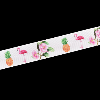 Репсова стрічка з малюнком Фламінго-ананас-сакура, 25 мм, Біла (LEN-054881)