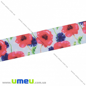 Репсовая лента с рисунком Цветы, 25 мм, Голубая, 1 м (LEN-025652)