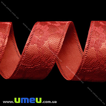 Атласная лента с кружевом, 25 мм, Красная, 1 м (LEN-020669)