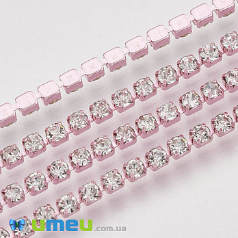 Стразовая цепь SS6 - 2,0 мм, Розовая, Стразы стеклянные белые, 1 м (ZEP-040484)
