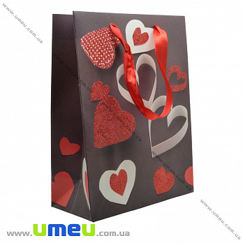 Подарочный пакет Сердца, 24х18х9 см, Черный, 1 шт (UPK-023622)