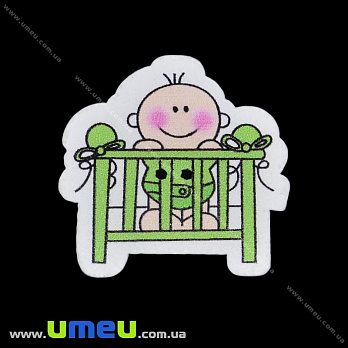 Декоративный пришивной элемент Малыш в кроватке, 32х30 мм, Зеленый, 1 шт (DIF-033413)