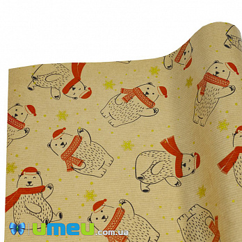 Упаковочная крафт бумага Новогодняя Медведи, Бежевая, 70х100 см, 1 лист (UPK-039839)