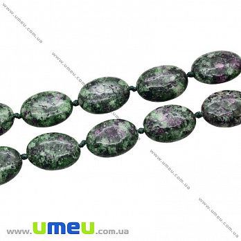 [Архів] Намистина натуральний камінь Рубін в цоізиті, 17х12х6 мм, Овальний плоска (BUS-027208)