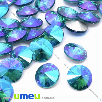 Ріволі скляний, Круглий гранований, Райдужний, 10 мм, Блакитний АВ (KAB-033891)