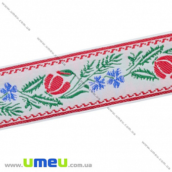 Тесьма с украинским орнаментом, 30 мм, Красные цветы, 1 м (LEN-016102)
