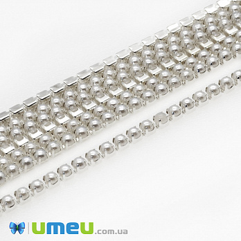 Жемчужная цепь SS8 (2,4 мм), Светлое серебро, Жемчужины пластиковые белые, 1 м (ZEP-044853)