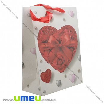 Подарочный пакет Сердца, 24х18х9 см, Белый, 1 шт (UPK-023390)