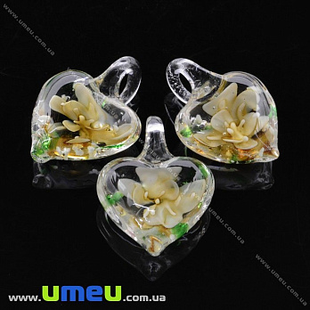 Подвеска стеклянная Lampwork Сердце с цветком, 30х21 мм, Бежевая, 1 шт (POD-019974)