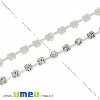 Стразовая цепь SS16 (3,5 мм), Светлое серебро, Стразы стеклянные белые, 1 м (ZEP-007772)