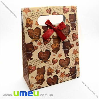 Подарунковий пакет на липучці, Ведмедики, Бежевий, 16х12х6 см (UPK-009687)