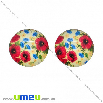 Кабошон скляний з принтом Маки, 18 мм, Круглий (KAB-003074)