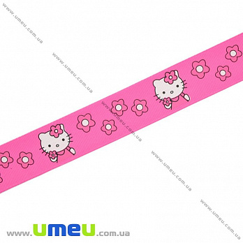 Репсовая лента с рисунком Hello Kitty, 25 мм, Розовая яркая, 1 м (LEN-016582)