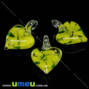 Подвеска стеклянная Lampwork Сердце с цветком, 30х21 мм, Желтая, 1 шт (POD-034136)