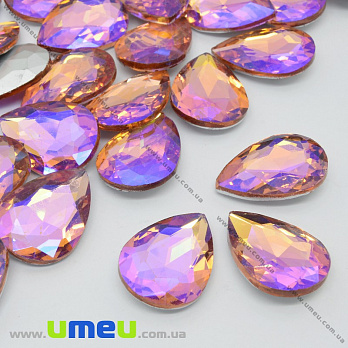 Ріволі скляний, Крапля гранована, Райдужний, 25х18 мм, Рожевий АВ (KAB-033981)