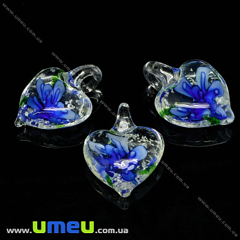 Подвеска стеклянная Lampwork Сердце с цветком, 30х21 мм, Синяя, 1 шт (POD-034137)
