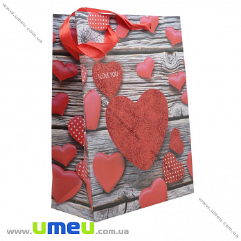 Подарочный пакет Сердца, 24х18х9 см, Красный, 1 шт (UPK-023389)