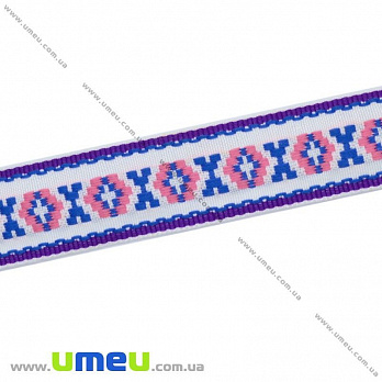 Тесьма с украинским орнаментом, 22 мм, Розово-синяя, 1 м (LEN-016107)