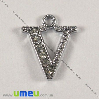 [Архів] Підвіска металева Буква зі стразами V, Срібло, 15х12 мм (POD-001221)