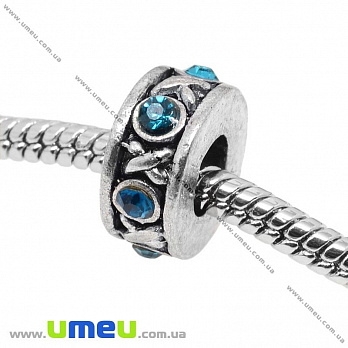 [Архів] Намистина PANDORA мет. зі стразами, 11х5 мм, Блакитна, Античне срібло (BUS-004256)