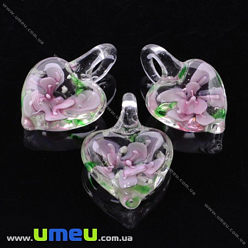 Подвеска стеклянная Lampwork Сердце с цветком, 30х21 мм, Розовая, 1 шт (POD-019975)