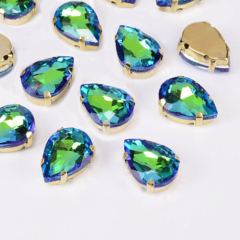 Шатон капля 14х10 мм, Золото, Сине-зеленый (KAB-052921)